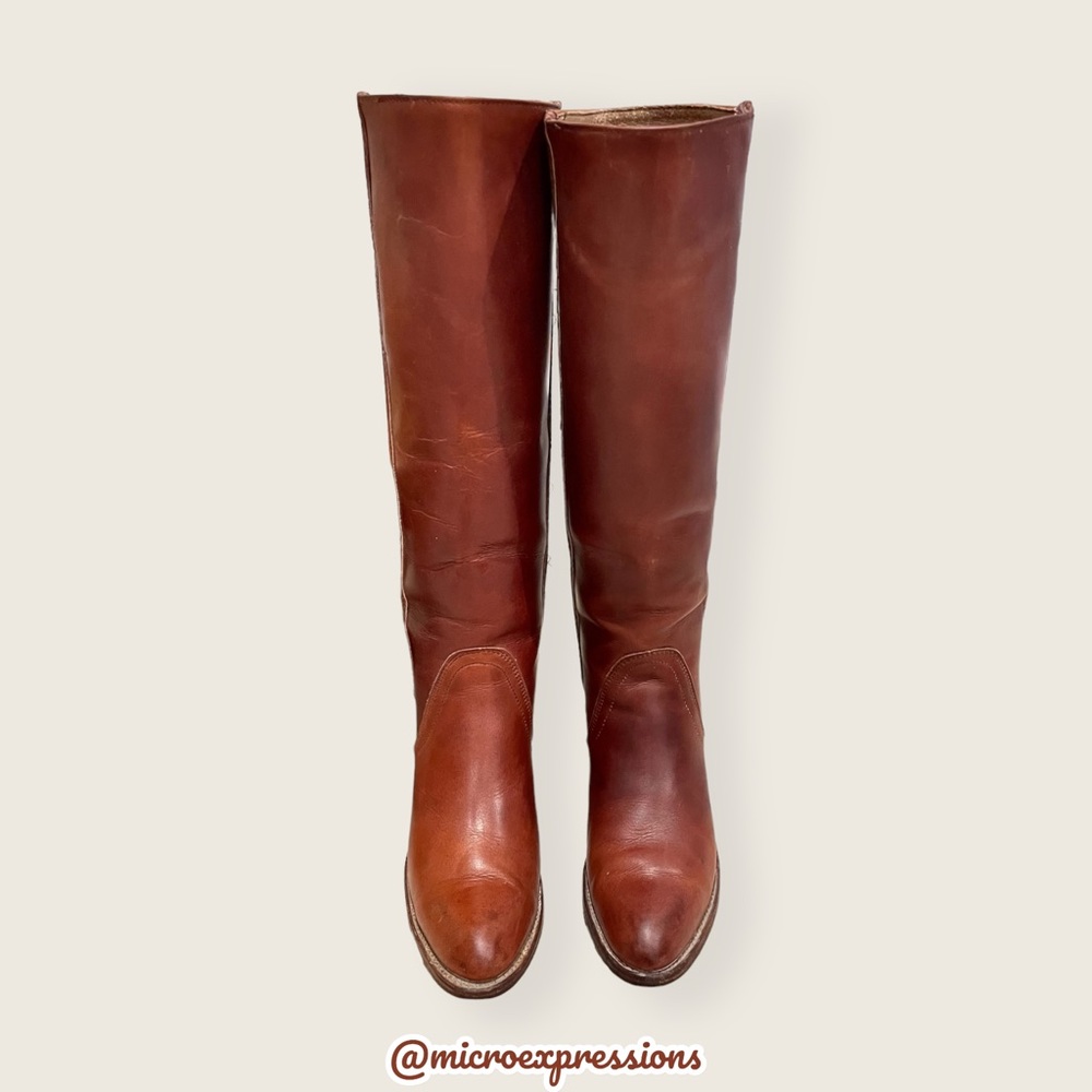 VINTAGE 1960’s Frye Real Leather Cognac Black Label Knee High Tall Heeled Boot - Picture 10 of 14